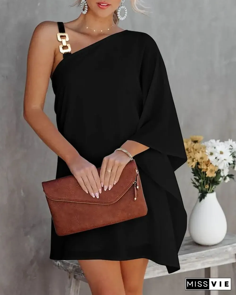 Bat Sleeve Off Shoulder Metal Suspender Dress for Women