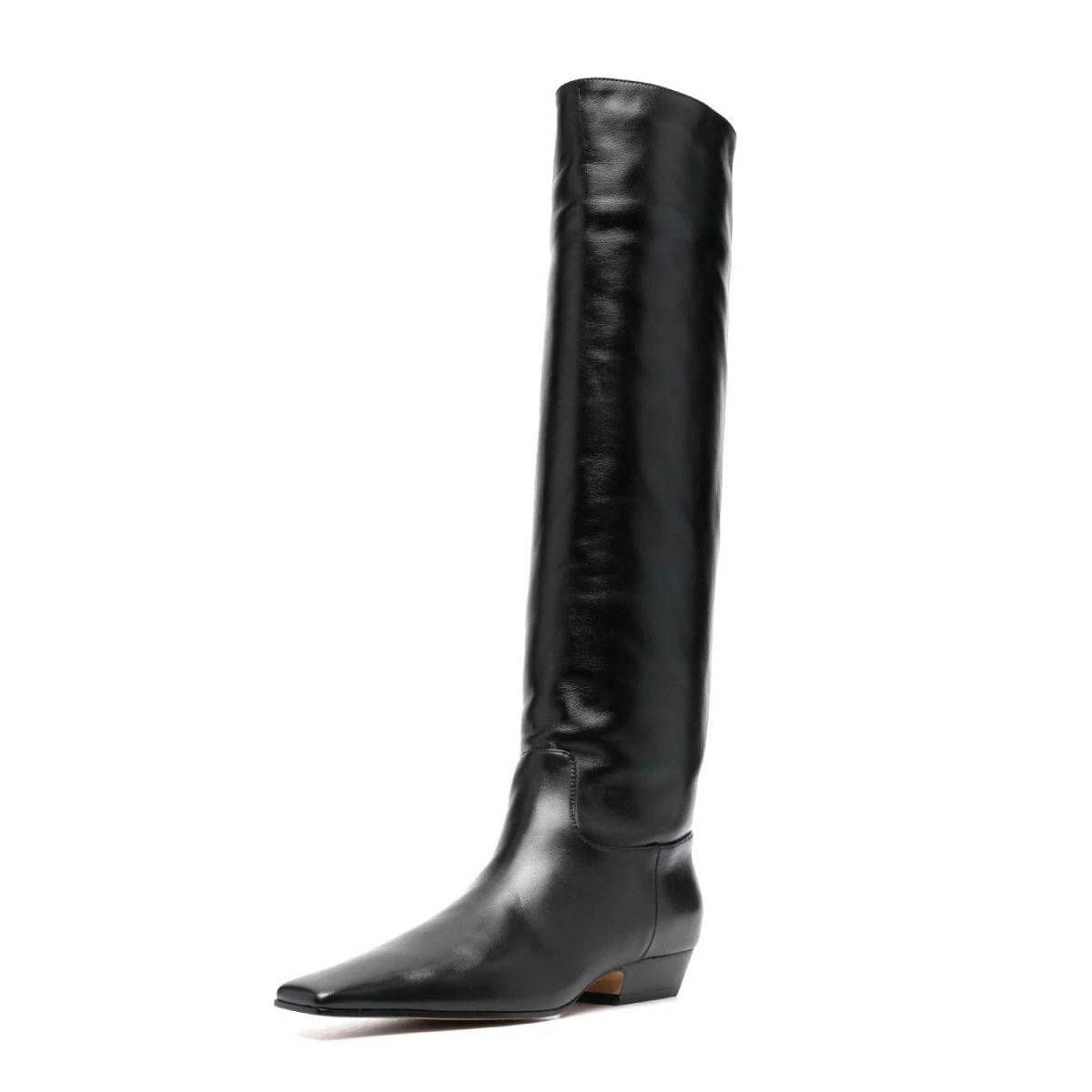 Black Pull-On Square Toe Tall Boots for Women with Chunky Heel Nicepairs