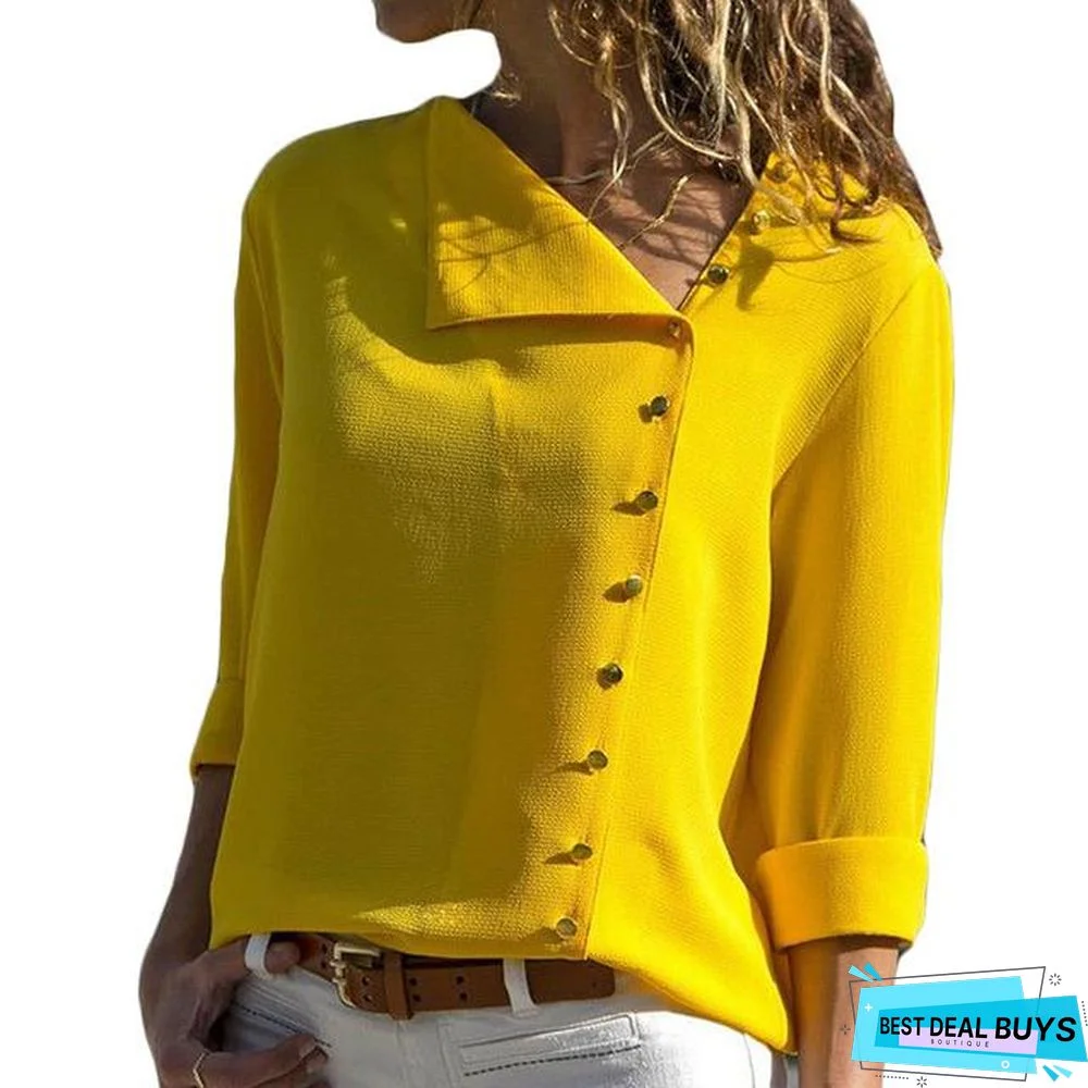 Women Chiffon Blouse Long Sleeve Skew Collar Solid Casual Tops Blouse