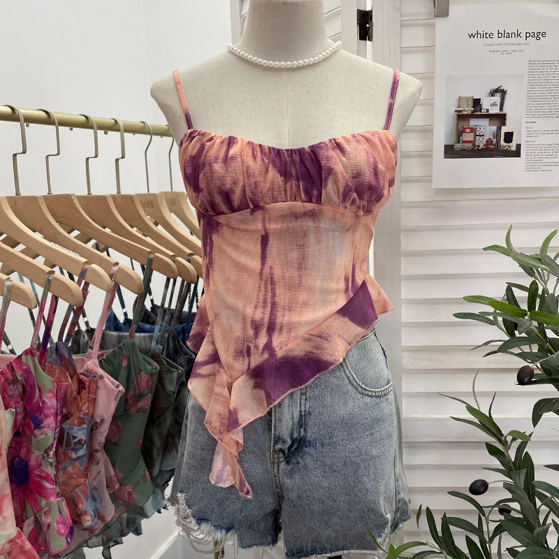 Nigikala Nigikala Shoot 辣tie Bra Irregular Sling Sling Vest Slimming Print Mesh Sleeveless Top 8950