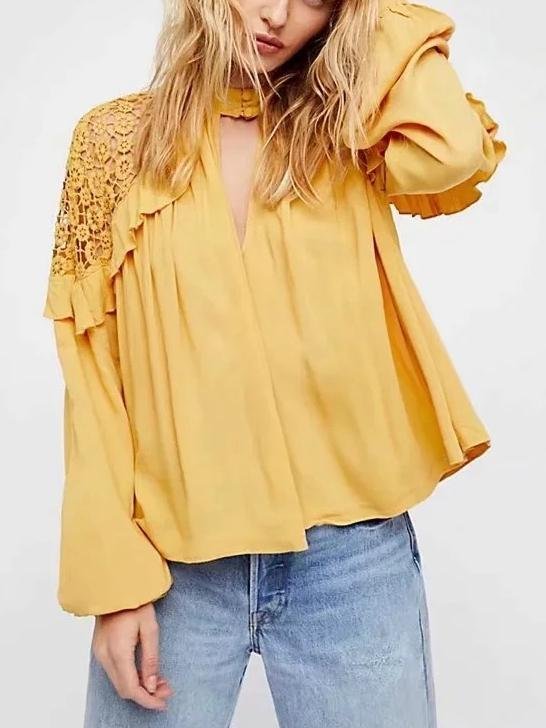 Human Cotton Crepe Lace Bohemian Retro Stitching Openwork Pullover Loose Blouse