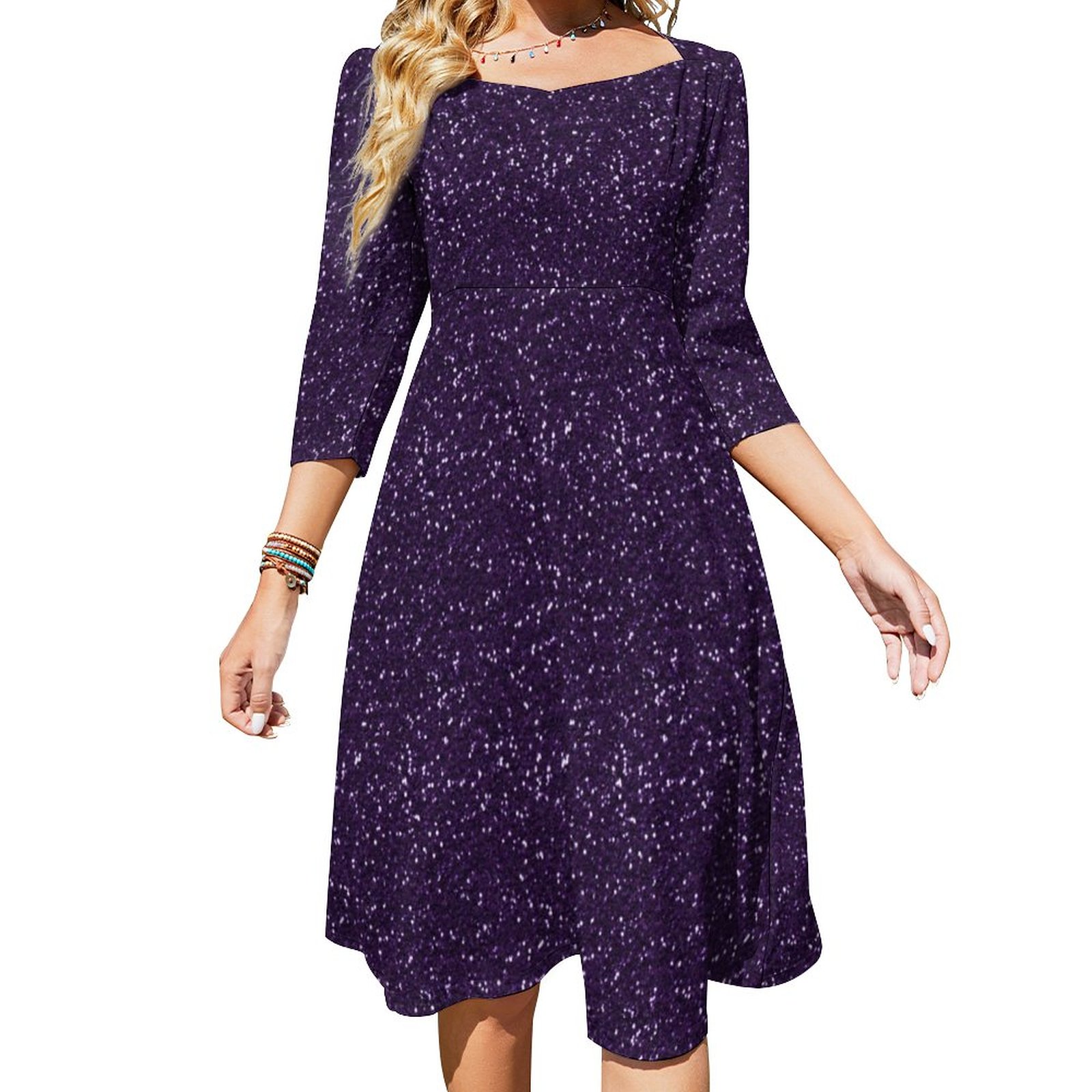 Shiny Midnight Purple Glitter Dress Sweetheart Tie Back Flared 3/4 Sleeve Midi Dresses
