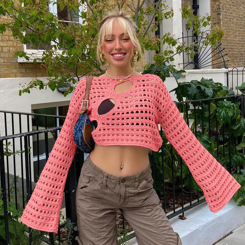 Brownm Neck Summer Girl Fashion Sexy Irregular Ripped Hollow-out Knitted Blouse