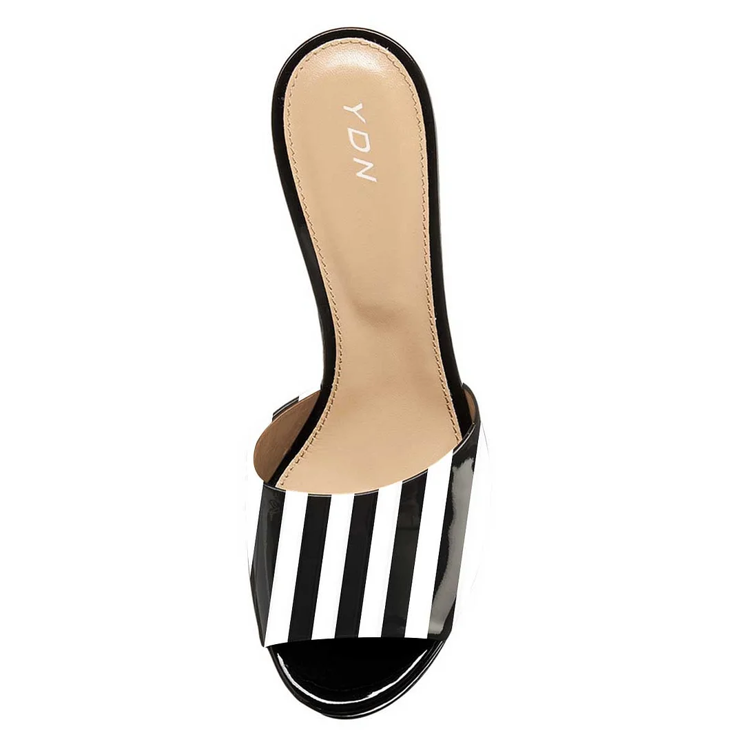 Black & White Stripe Platform Mules Peep Toe Slip on Wedge Sandals