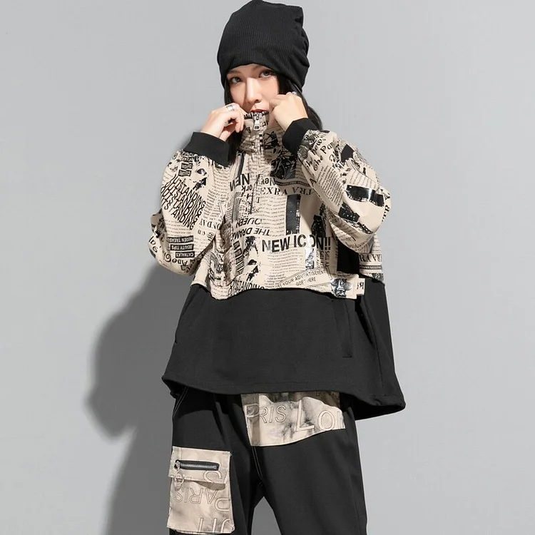 Modern Loose Stand Collar Newspaper Printed Patchwork Hem Long Sleeve Sweatshirt  