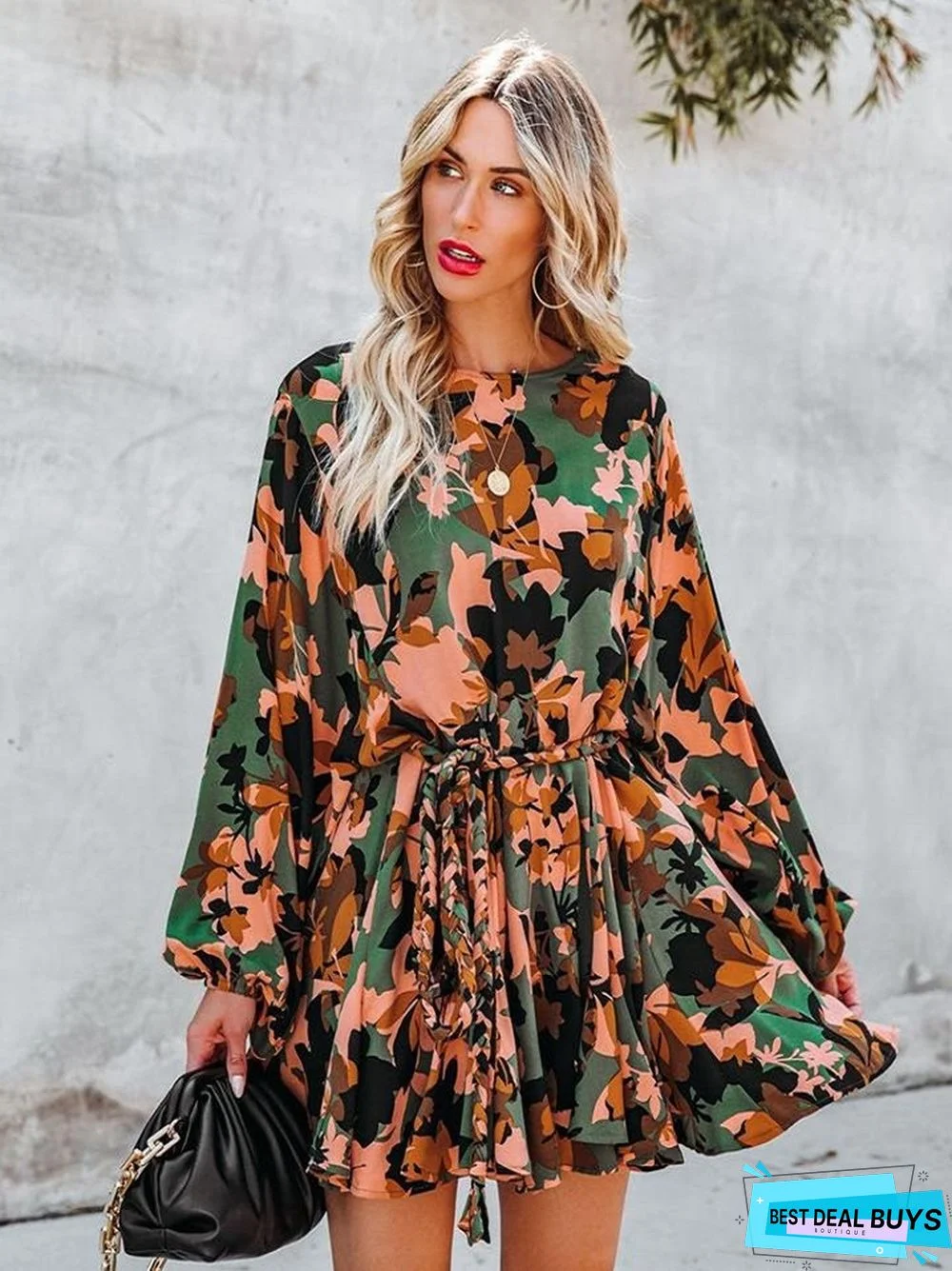 Printed Round Neck Long Sleeve Dress