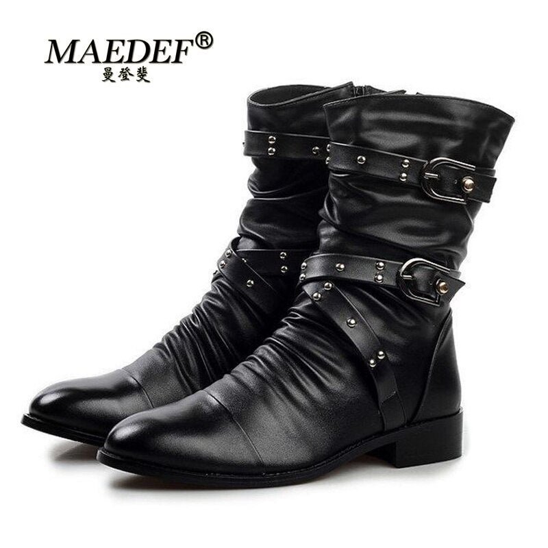 MAEDEF British Style Men's Boots PU Buckle Boots Men Casual Warm Cotton Boots Fashion Black Non Slip Winter Boots Men Waterproof