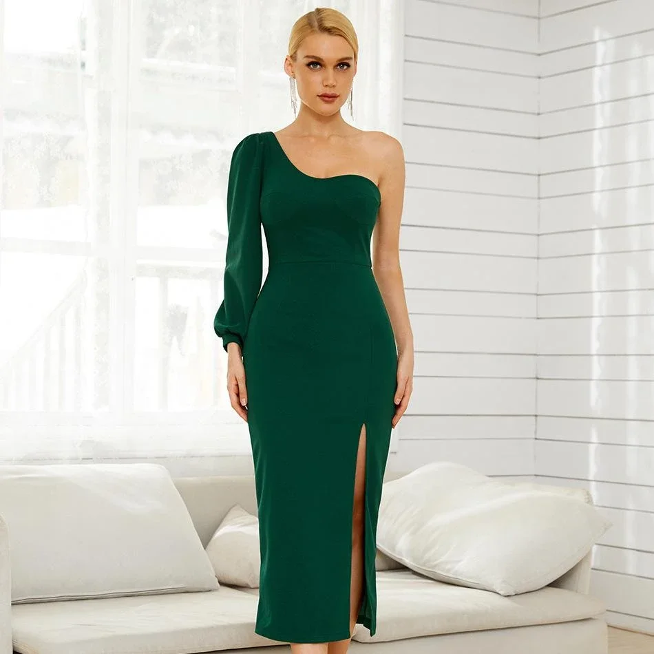 Green single-sleeved solid color evening dress-zachics