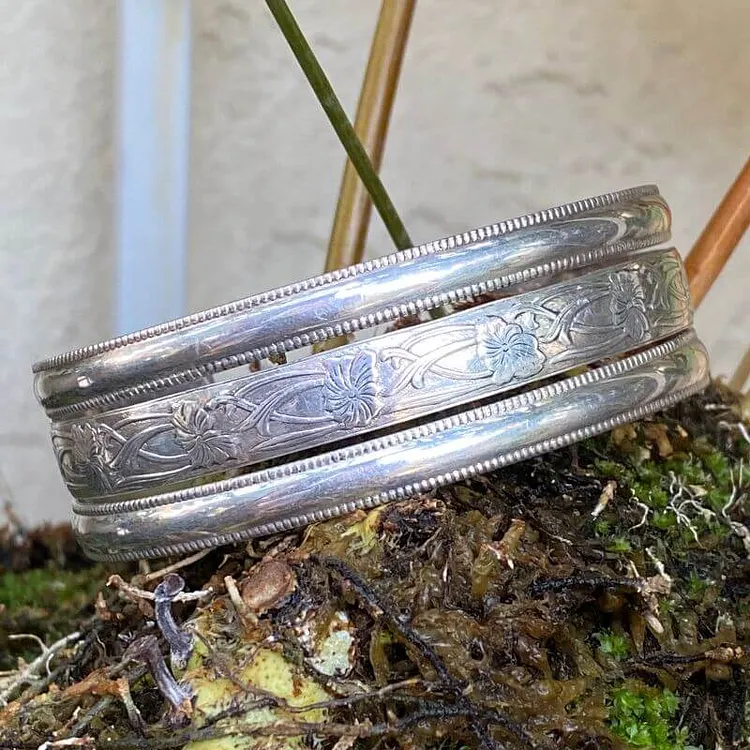 Sterling Silver Triple Cuff Bracelet with Art Nouveau Style Embossing