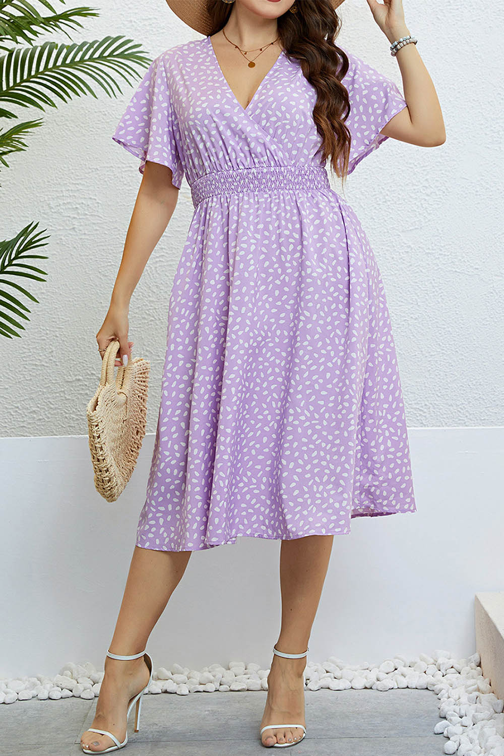Plus Size Vacation Light Purple Wrap Printed Flutter Sleeve Shirred Waist Midi Dress 2024 - Flycurvy 