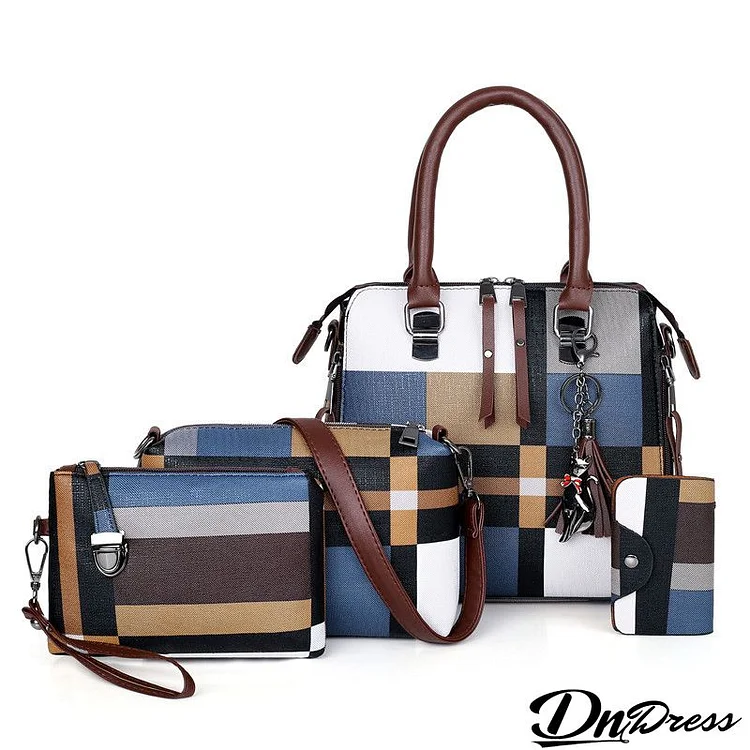 Women Fashion Stripe Color Block Tassel Pendant Coin Purse Crossbody Bag Large Capacity PU Handbag Set