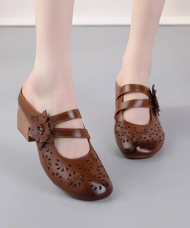 Boho Cowhide Leather Splicing Brown Slide Sandals Hollow Out