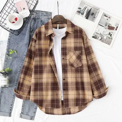Plaid Shirts Womens Blouses And Tops Long Sleeve Female Casual Print Shirts Loose Cotton Checked Outwear Lady Spring Clothing