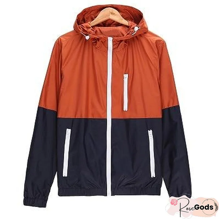 Windbreaker Men Casual Spring Autumn Lightweight Jacket Hooded Contrast Color Zipper Up Jackets Outwear