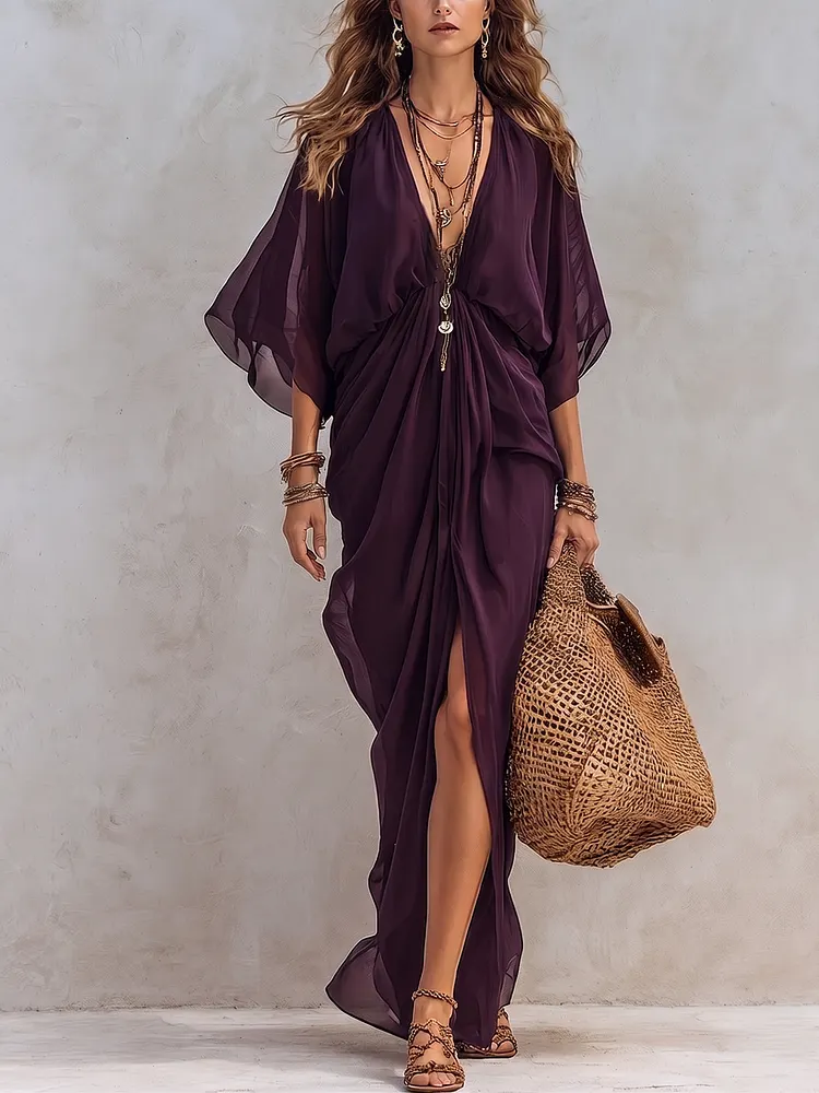 Bohemian Deep Purple Chiffon Pleated Maxi Dress