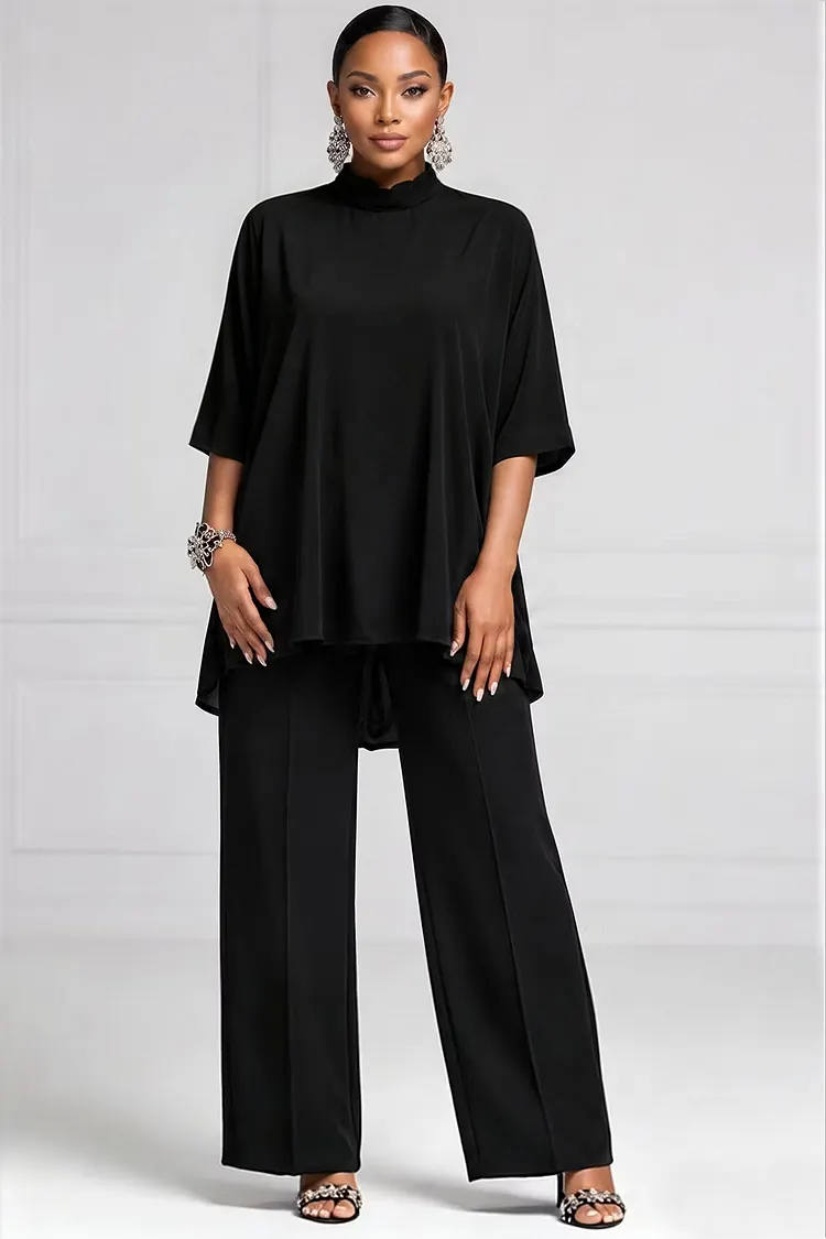 Xpluswear Design Plus Size Business Casual Black Mock Neck Short Sleeve Pocket Wide Leg Two Piece Pant Sets 2024 - Xpluswear