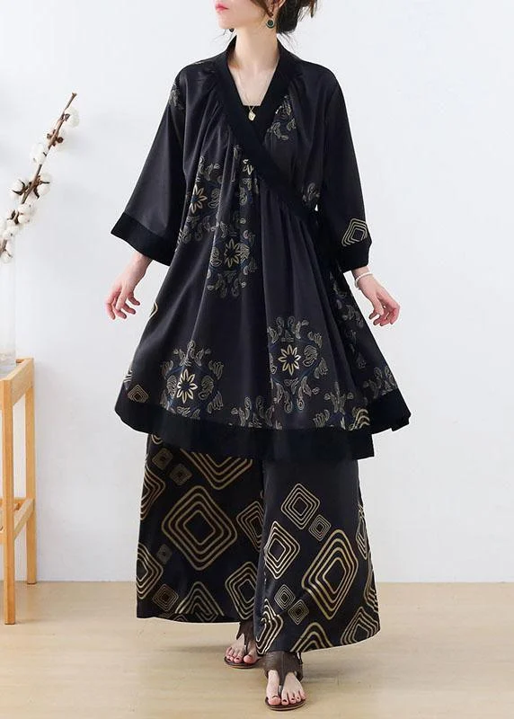 Natural Black Geometric Tie Waist Top Wide Leg Two Piece Suit Set