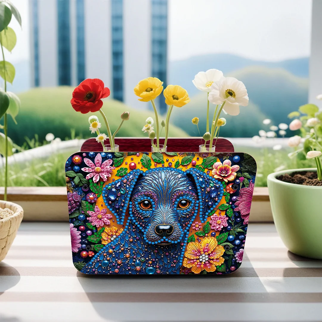 Dog DIY Flower Vase Wooden Double Sided Desktop Diamond Art Kit for Home Decor