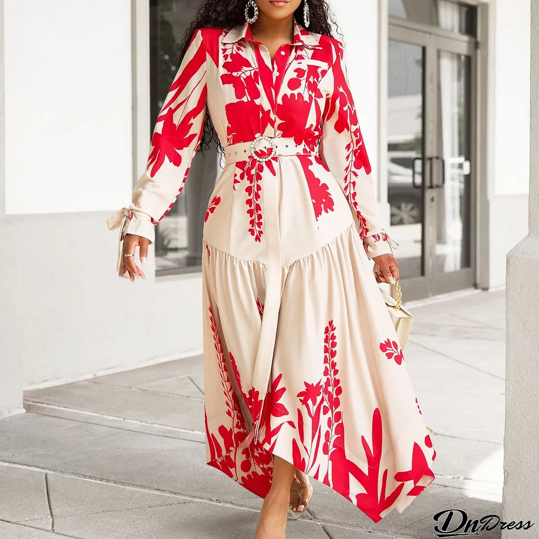 Plus Size African Women Summer Long Sleeve Print Turndown Collar Irregular Loose Dress