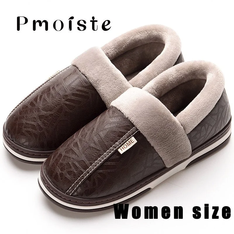 Large Size 43-50 Woman's Winter Slippers Casual Shallow Slip On Cozy Flat Slippers Woman PVC PU Leather Ladies Slippers