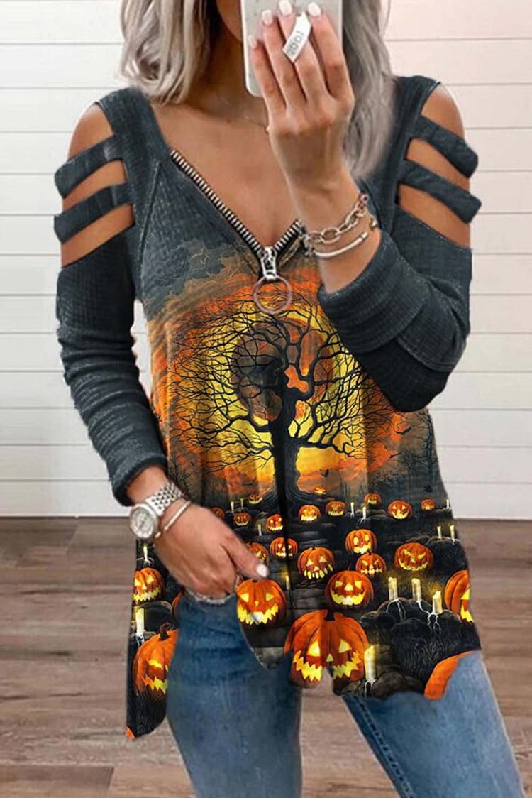 Women's Pullovers Pumpkin Print Cutout Pullover