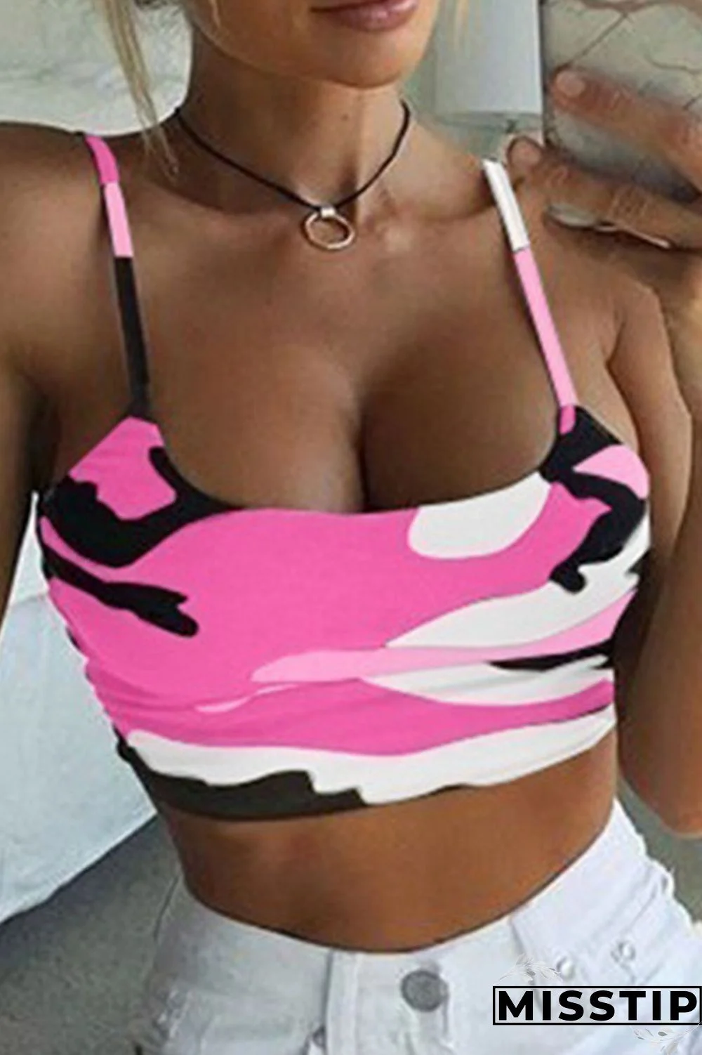 Grey Sexy Street Print Patchwork Spaghetti Strap Tops