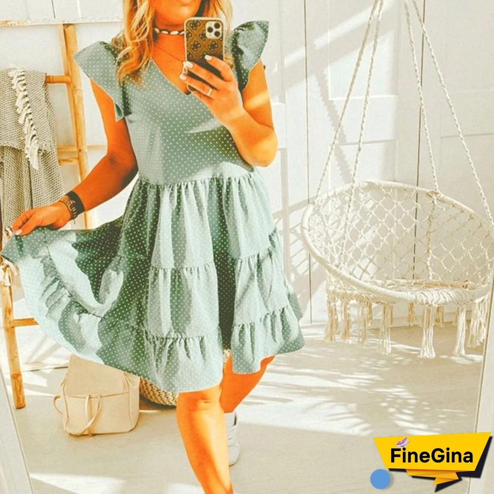 Women New Summer Sundress Casual Ruffles Sleeves V-neck Dot Boho Party Vestidos Elegant Mini Dresses Fashion Vestidos