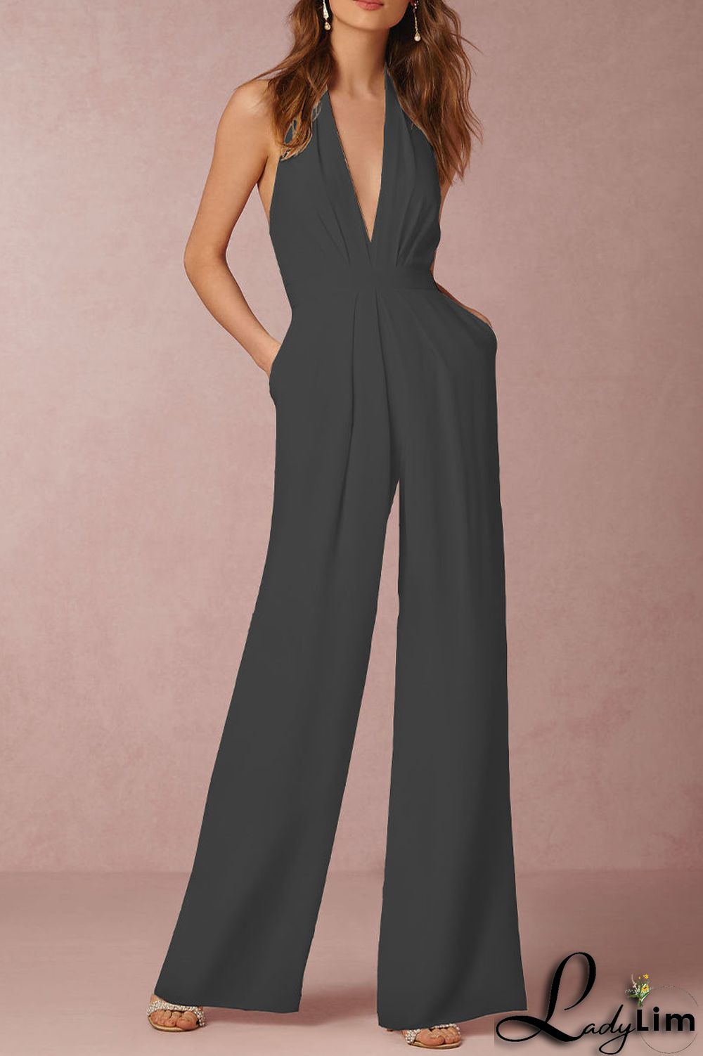 Sexy Elegant Solid Backless Fold V Neck Regular Jumpsuits(12 Colors)