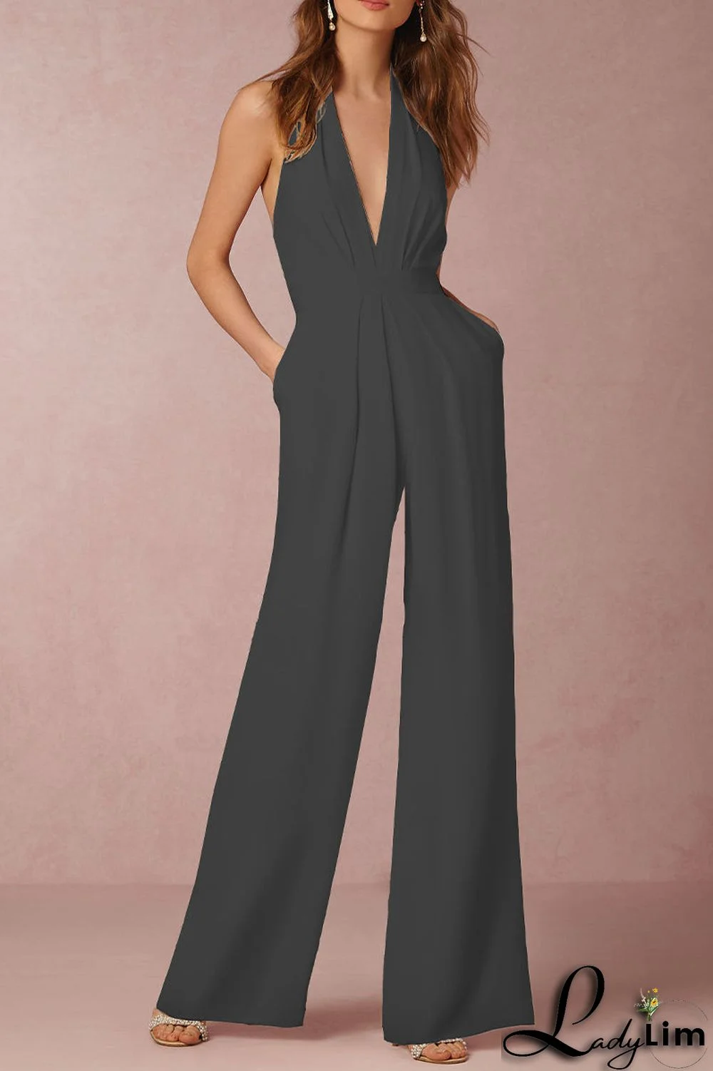 Sexy Elegant Solid Backless Fold V Neck Regular Jumpsuits(12 Colors)
