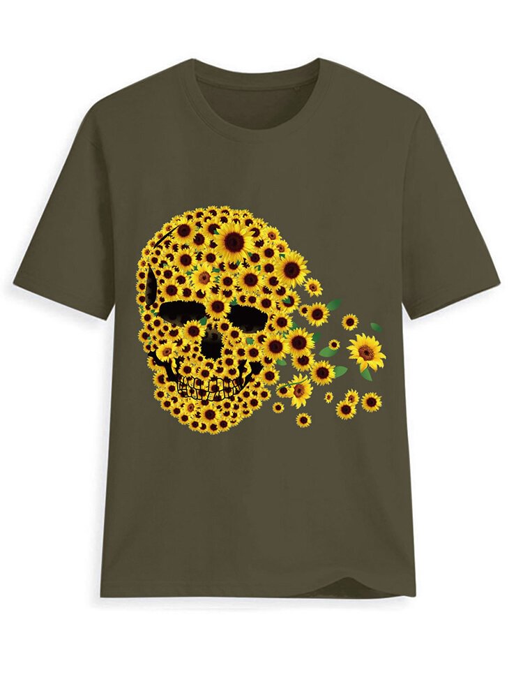 Sunflower Print Short Sleeves O neck T shirt For Women P1691426