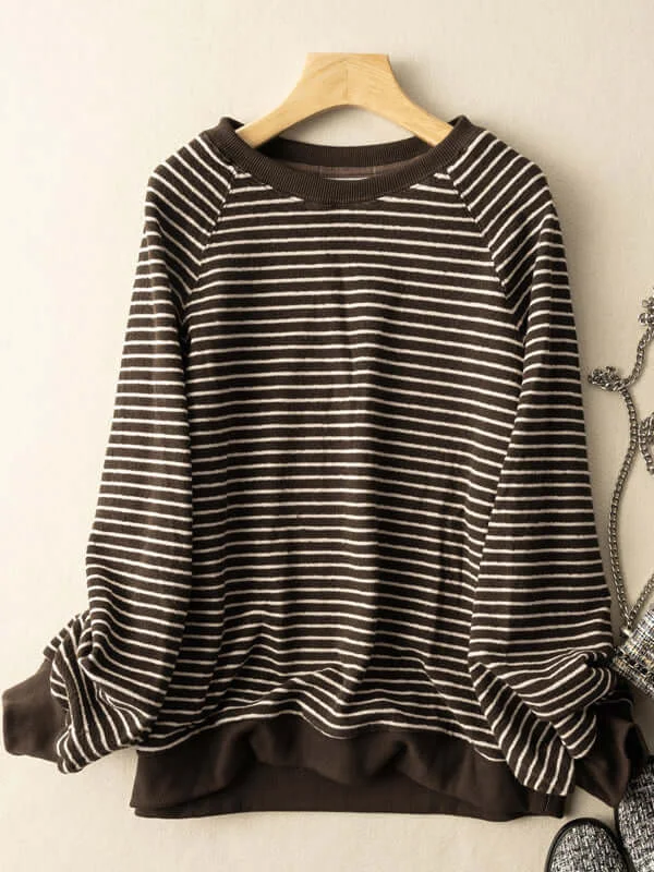 100% Natural Material Striped Art Retro Loose T-shirt Pullover