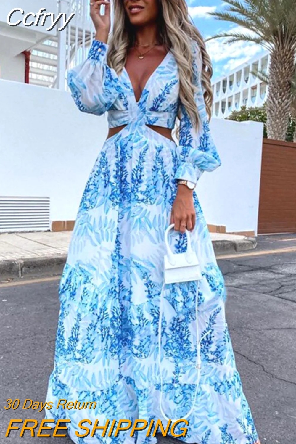 huibahe Sexy V Neck Hollow Out Long Dress For Women 2023 Autumn Casual Long Sleeve Print Bohemian Beach Vacation Midi Dresses