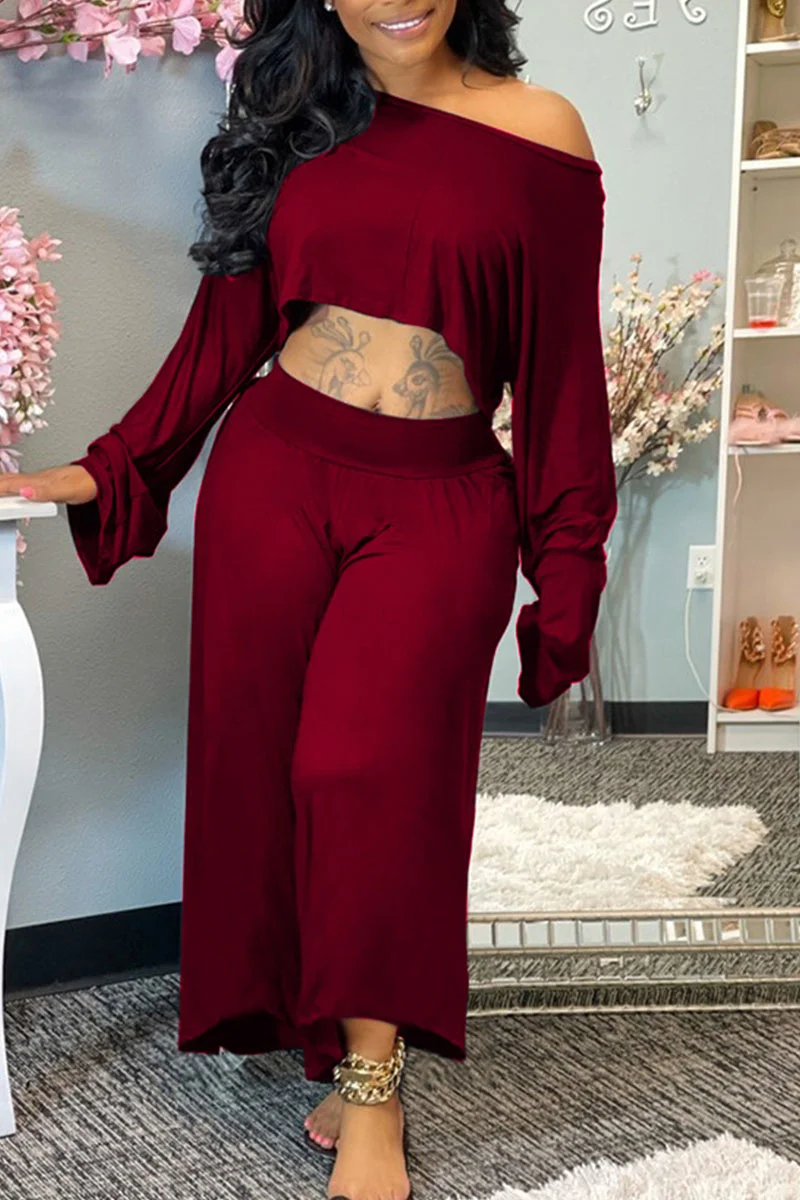 Burgundy Casual Solid Patchwork O Neck Long Sleeve Two Pieces | EGEMISS