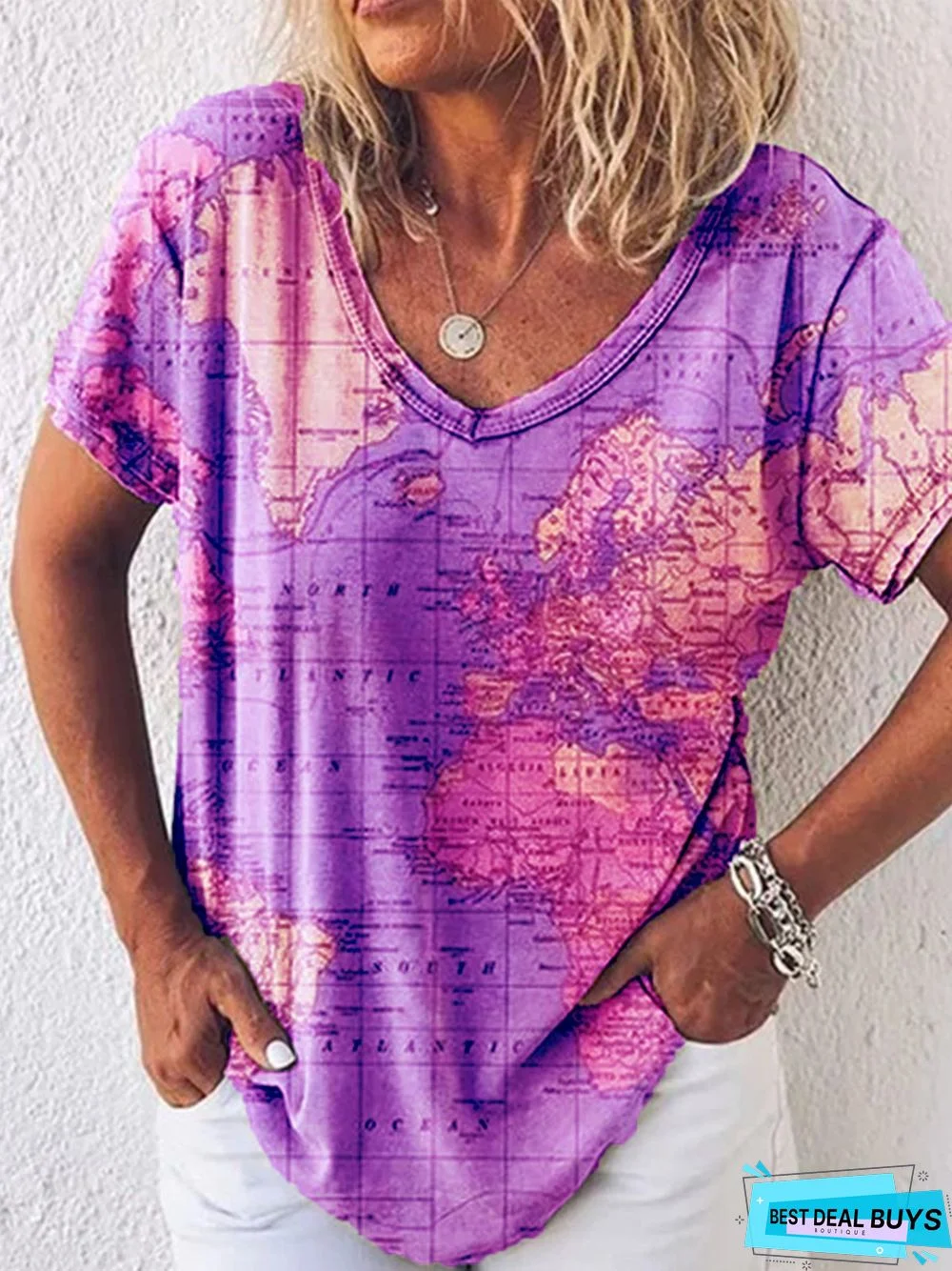 Printed V Neck Cotton Short Sleeve Tunic T-Shirt