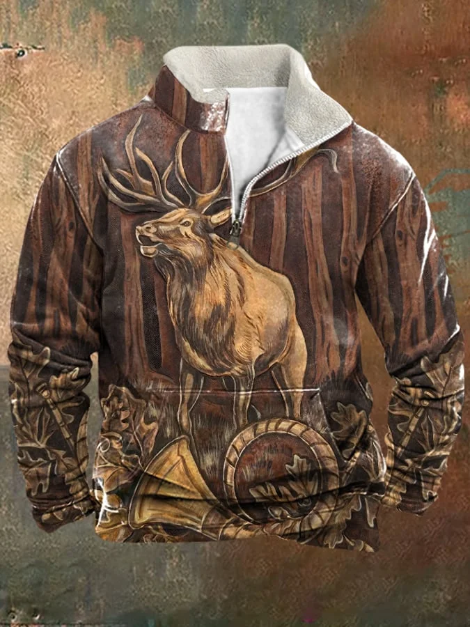Men's Retro Quarter Zip Western Leather Effect Printed Plush Collar Sweatshirt