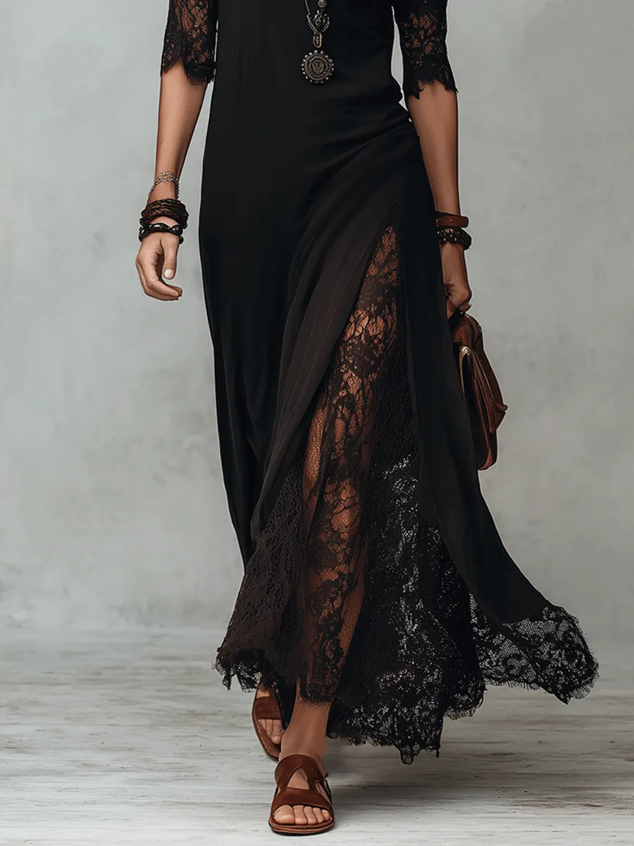 Romantic Gothic Sheer Lace Half-Sleeve Black Maxi Dress - Full View