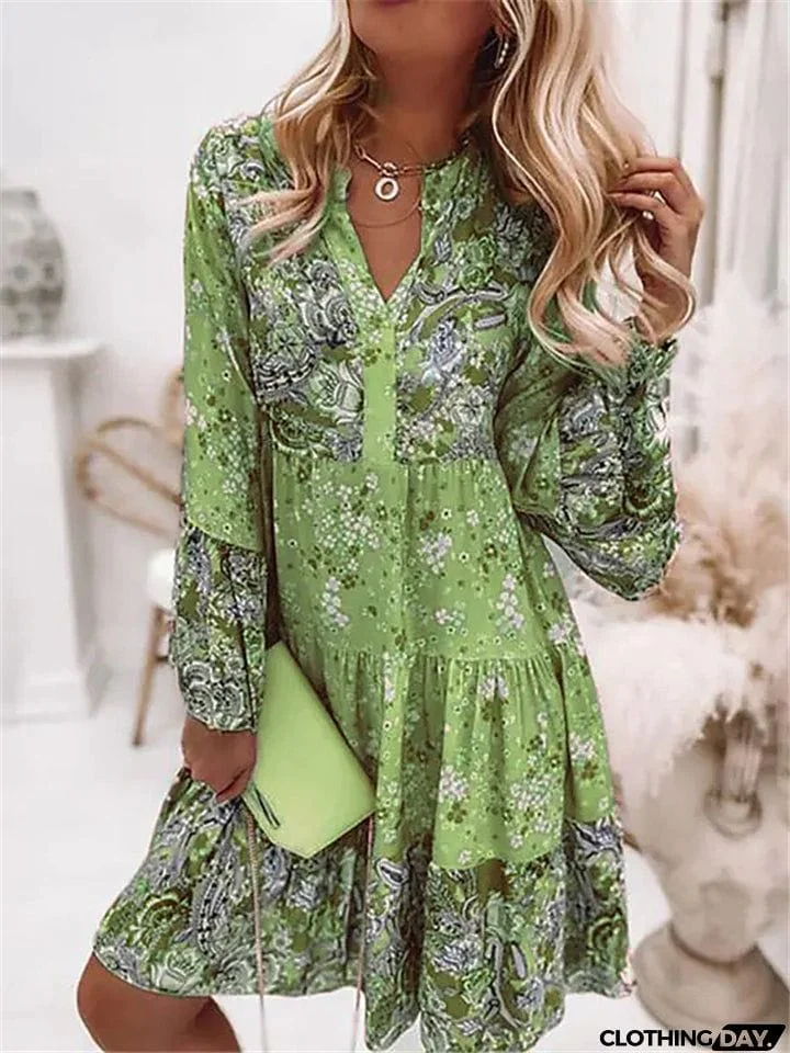 Printed Long Sleeve Patchwork Design Dresses