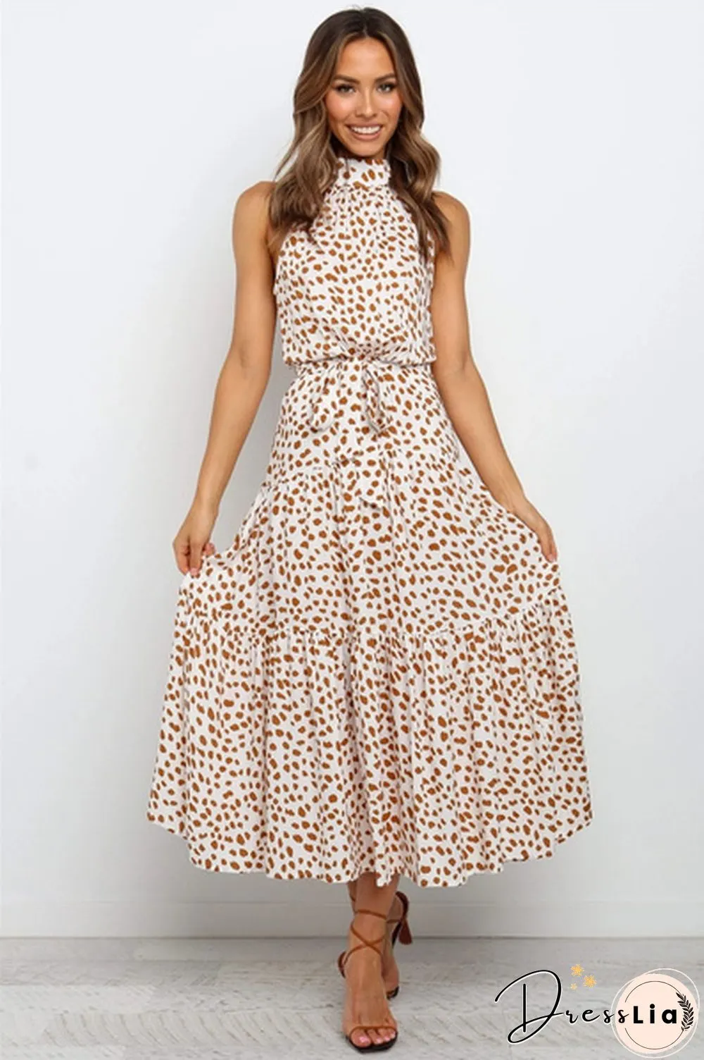 Plus Size Elegant Ladies Dress-Sleeveless-Collect Waist-Polka Dot-Long Boho Casual
