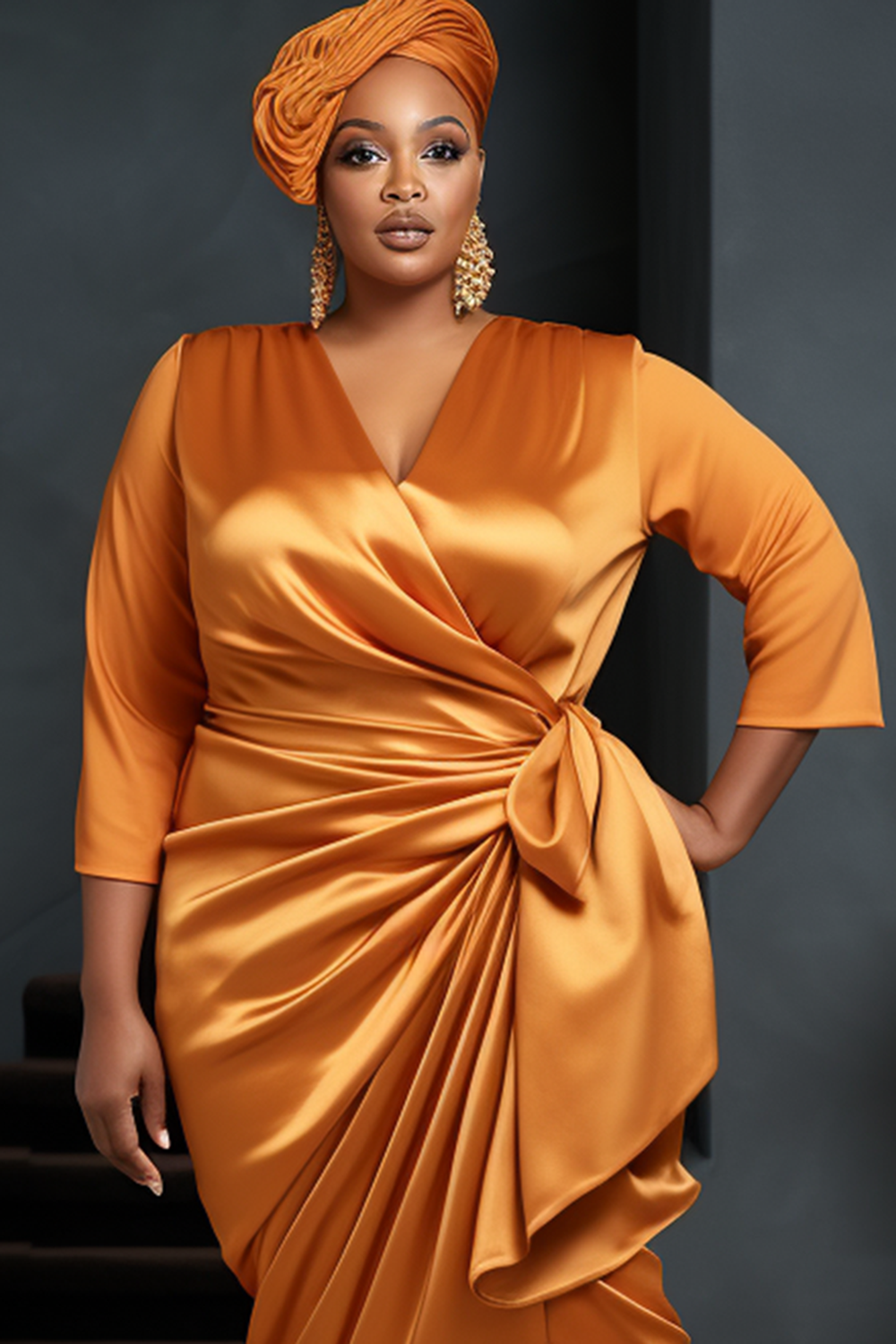 Design Plus Size Orange Semi Formal Elegant Wrap Neck 3/4 Sleeve Satin Midi Dresses [Pre-Order]