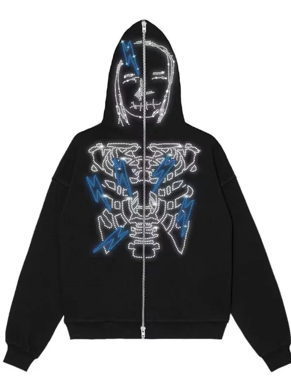 Gothic Dark Skull Crystal Zipper Oversized Hoodie