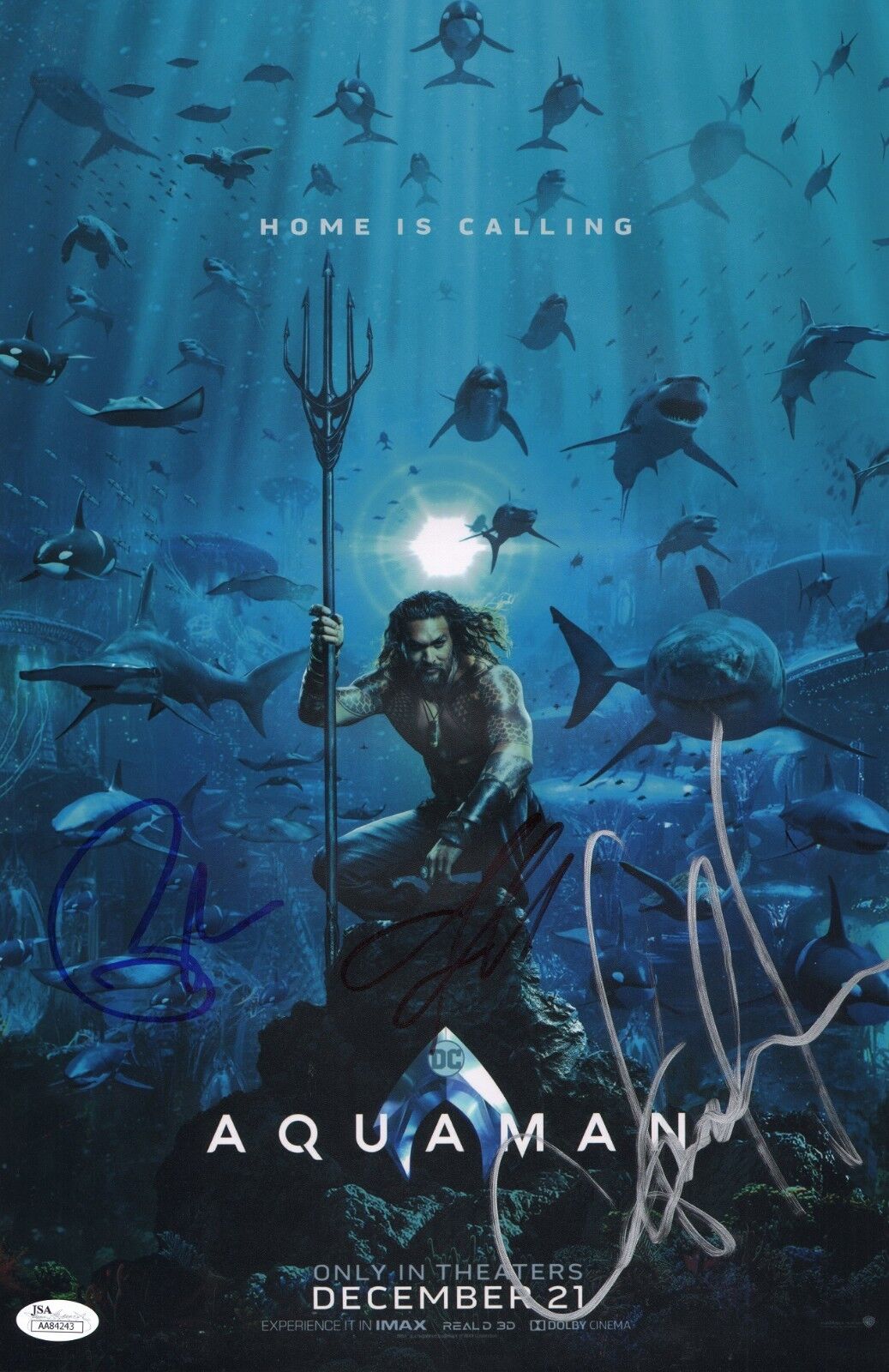 AQUAMAN Cast X3 Authentic Signed JASON MOMOA 11x17 Photo Poster painting (JSA COA) B