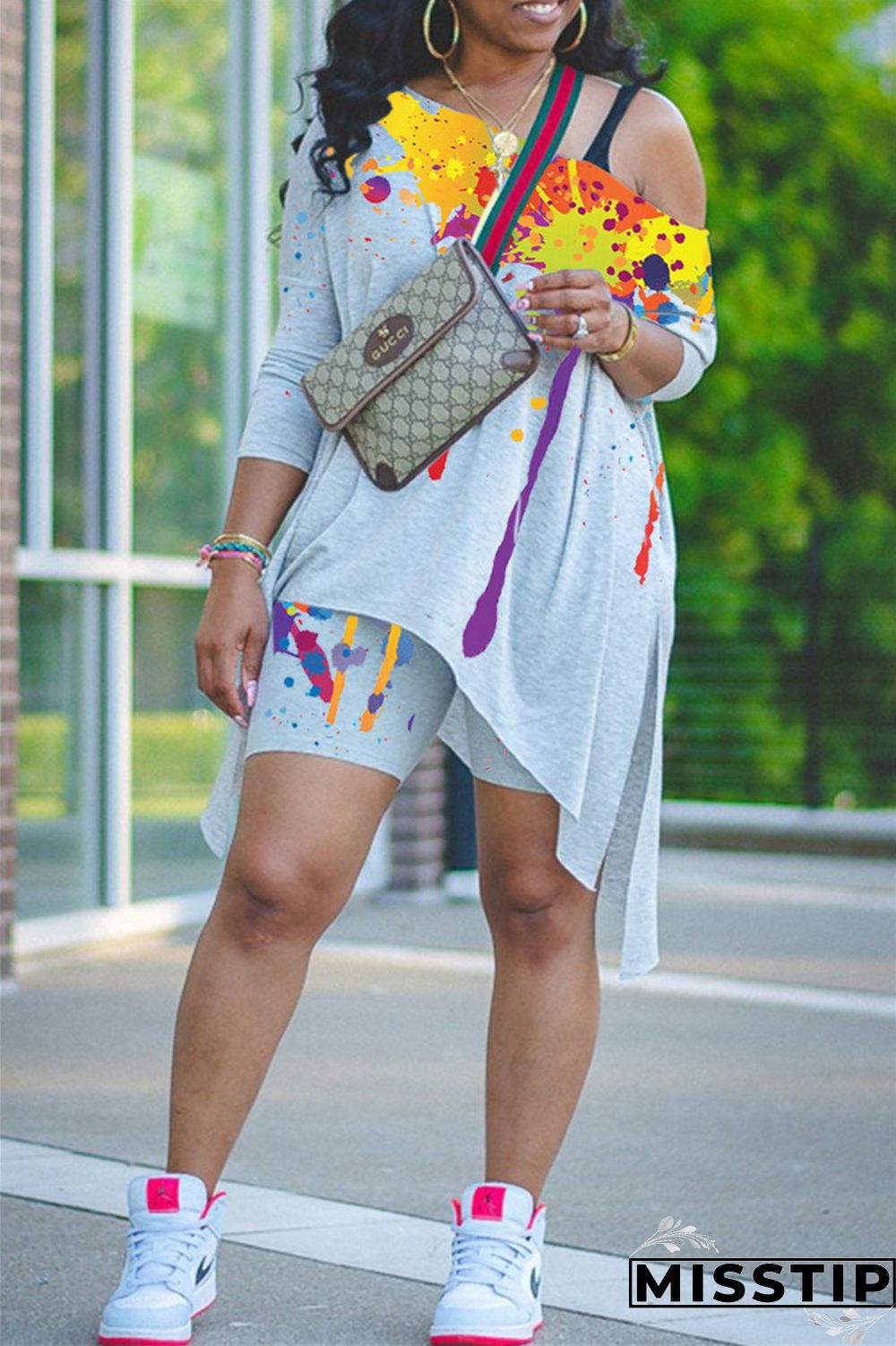 Burgundy Fashion Casual Print Basic Asymmetrical Oblique Collar Long Sleeve Two Pieces