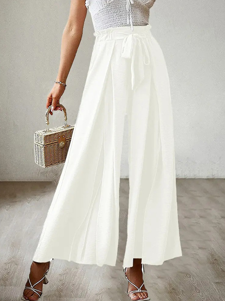 Office Fashion High Waist Solid Color Elegant Slit Lace Wide Leg Pants