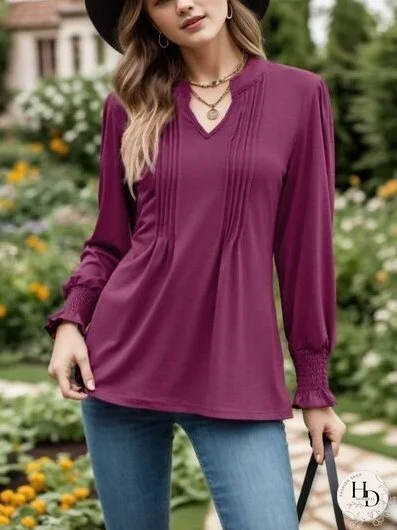 Notched Smocked Flounce Sleeve Blouse