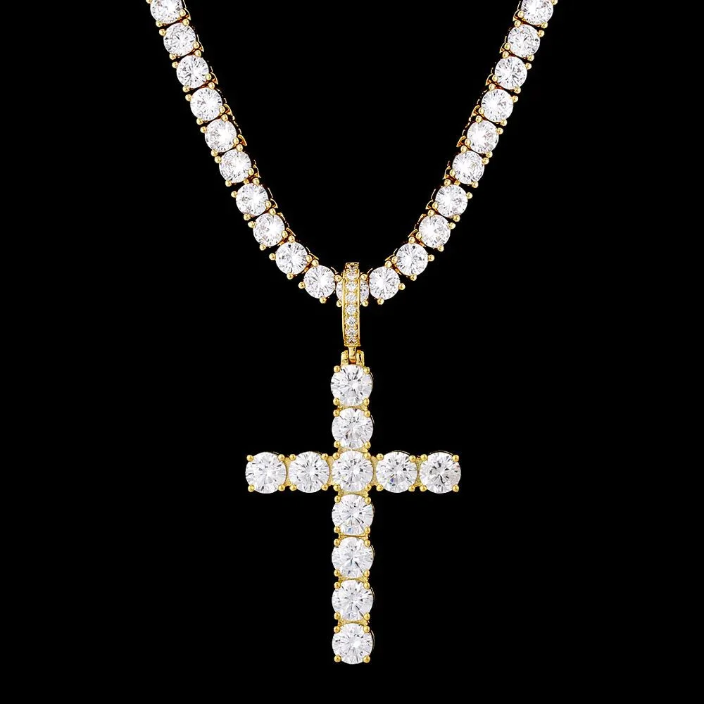 4mm CZ Diamond Mens Tennis Chain Necklace with Iced Out Cross Pendant in 14K Gold