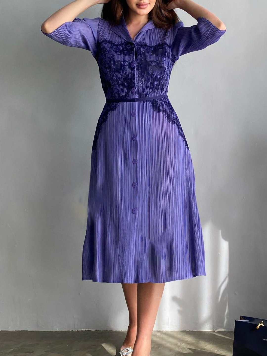 Stylish Commuter Style Lace Embellished Striped Shirt Dress | Oxredo Shop Ramadan Sale