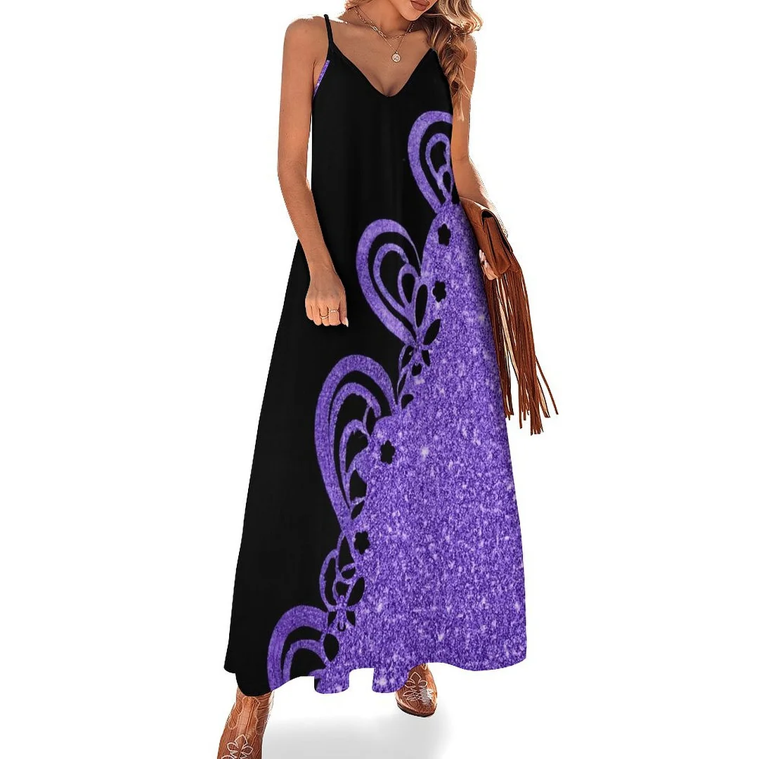 Style & Comfort for Mature Women Plus Size Printed Sling Casual Women Maxi Dress in Pattern Purple, Floral, Glitter