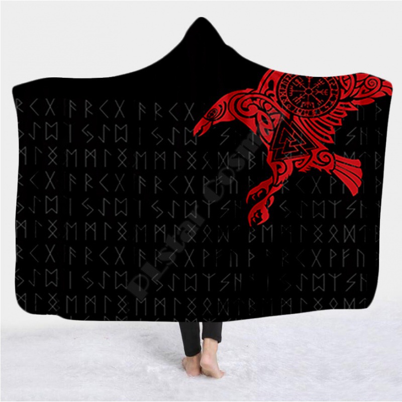 Viking Tattoo Character Hood Blanket Adult Colorful Children's Sherpa Wool Wearable Blanket Superfiber Bed Use