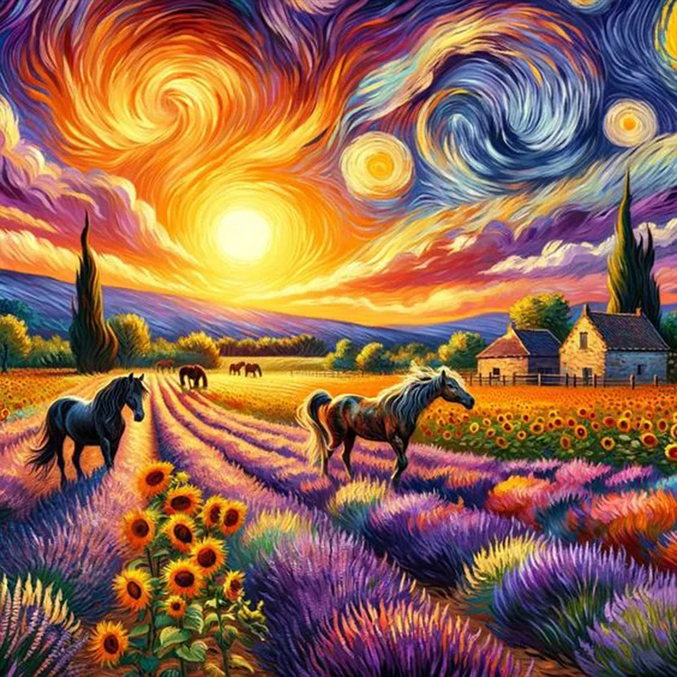 Sunset Pastoral And Horses 40*40CM (Canvas) Full Round Drill Diamond Painting gbfke