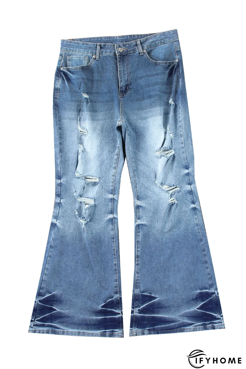 Sky Blue Plus Size Distressed Flare Jeans | IFYHOME